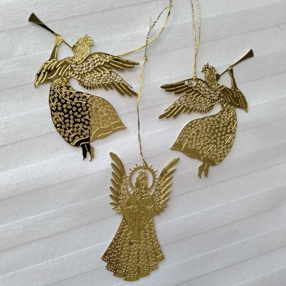 3 Etched Brass Angels Christmas Tree Ornaments